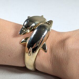 Gold tone metal Double Dolphin Bracelet, chunky costume jewelry